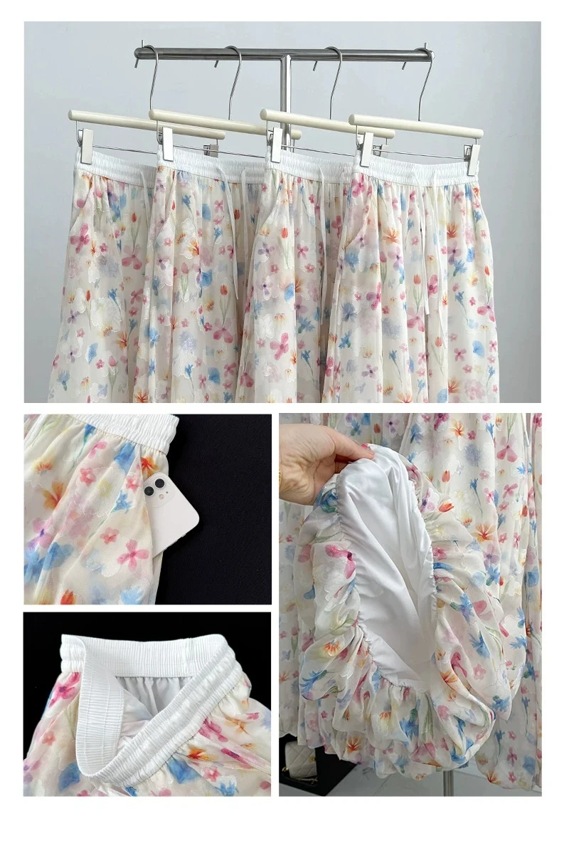 Damen Capri-Hose mit hoher Taille, pastoralen Blumenmustern, aus Eisseide, weitem Bein, im lässigen Stil, neunlängenlang – Detail 1