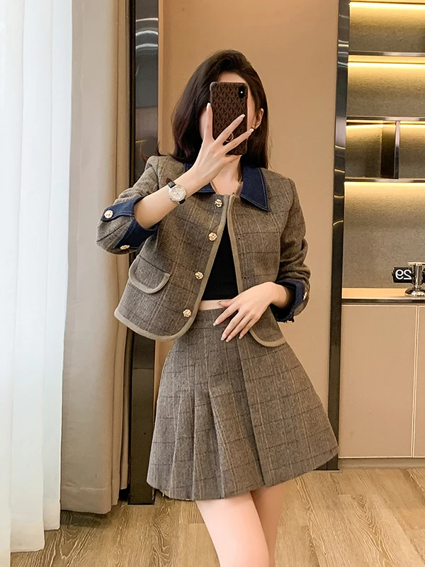 

Ele Commuter Women's Outfit Autumn Winter New College Sle Color Blo Collar ort Jaet Skirt Set Faionable Midi Skirt
