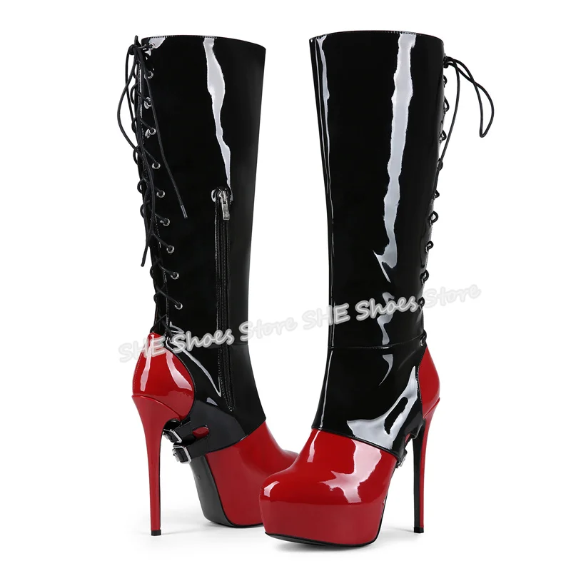 

Sexy Super High Heel Mixed Color Women Long Boots Belt Buckle Cross-Tied Knee High Boots Lady Chunky Platform Large Size Boots