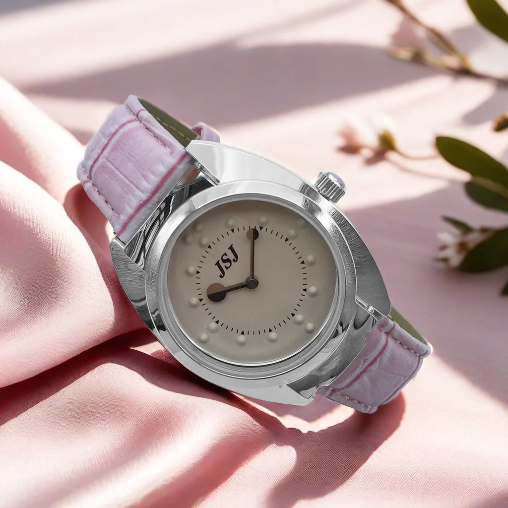 นาฬิกาสัมผัสสําหรับคนตาบอดหรือสายตาต่ําพร้อมสายหนังสีชมพู หน้าปัดสีชมพู