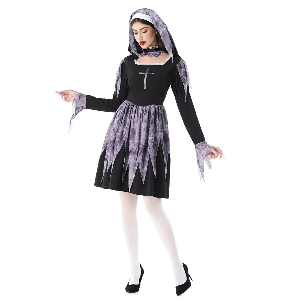هالوين الكبار حلي تأثيري مثير الصليب فستان راهبة زي راهبة كرنفال حلي