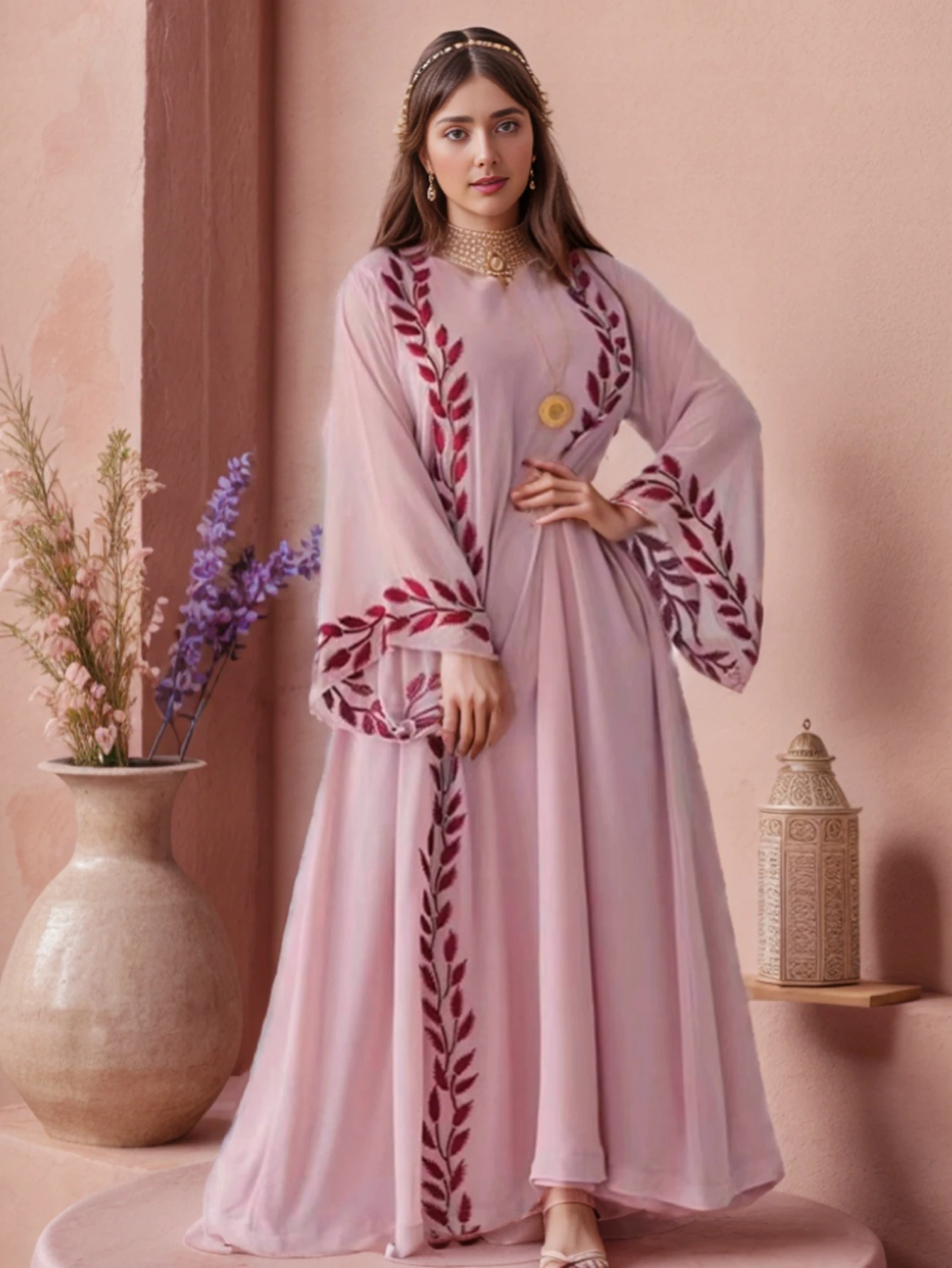 Vestido largo bordado con estampado botánico y cuello redondo de gasa de calle a la moda de Turquía