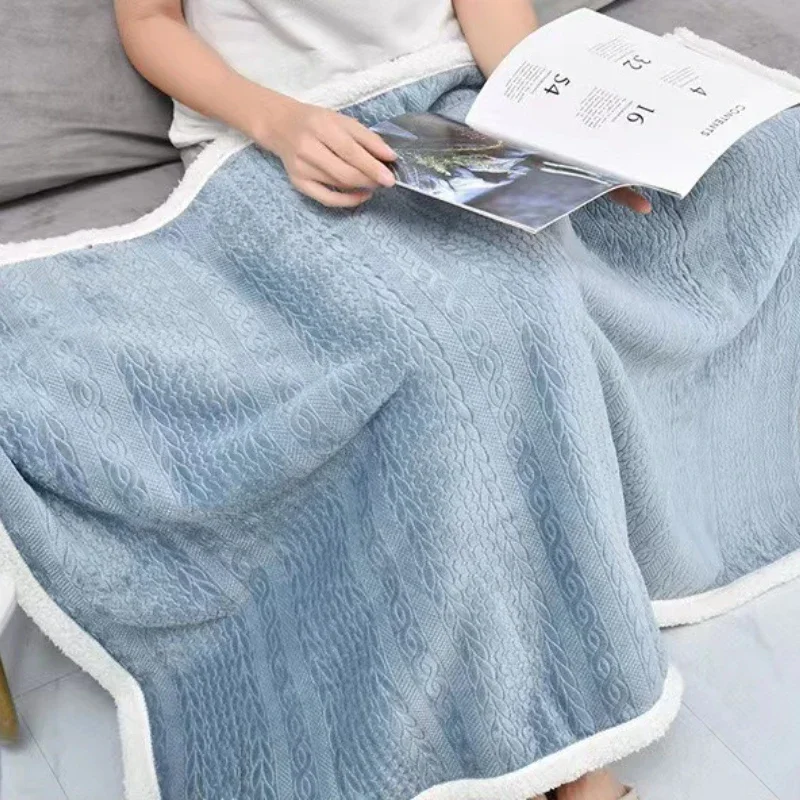 Flannel Embossed Shawl Office Nap Blanket Portable Travel Blanket Machine Washable Colorfast Soft Warm Car Blanket with Buckle