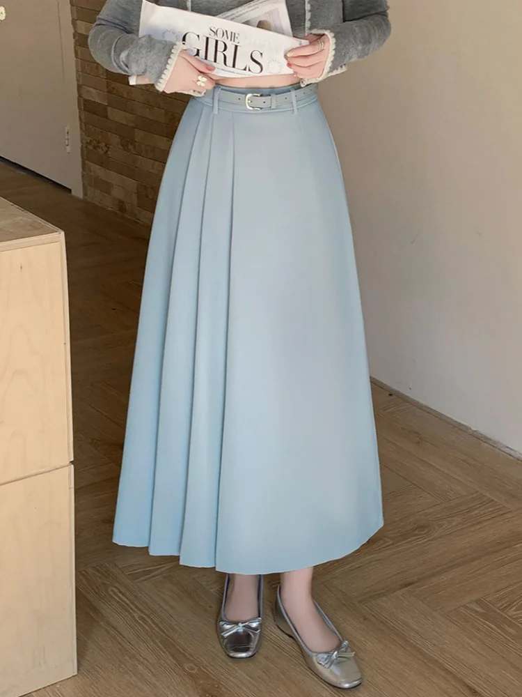 

Vintage Pleated Casual Mid Length A-line Skirts For Women Elegant High Waist Solid Color Office Lady Long Skirts Female Clothing