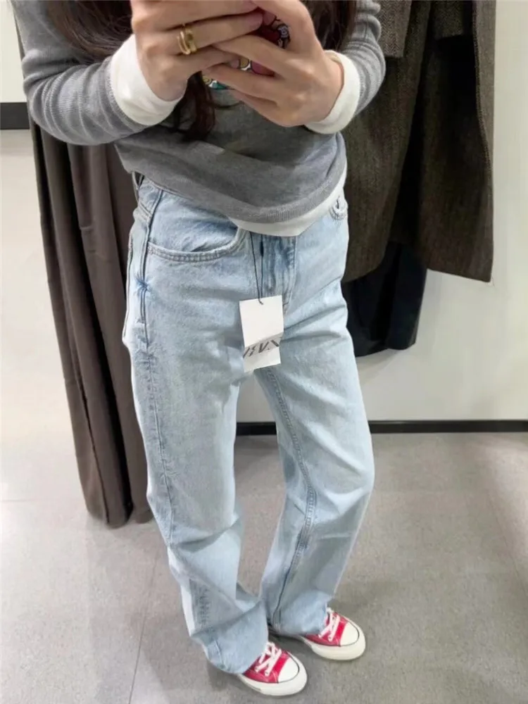 

High Waist Slim Fit Straight Leg Jeans Women's Light Blue Stretchy Ankle-Length Smoking Pants Tapered Denim Spring Season