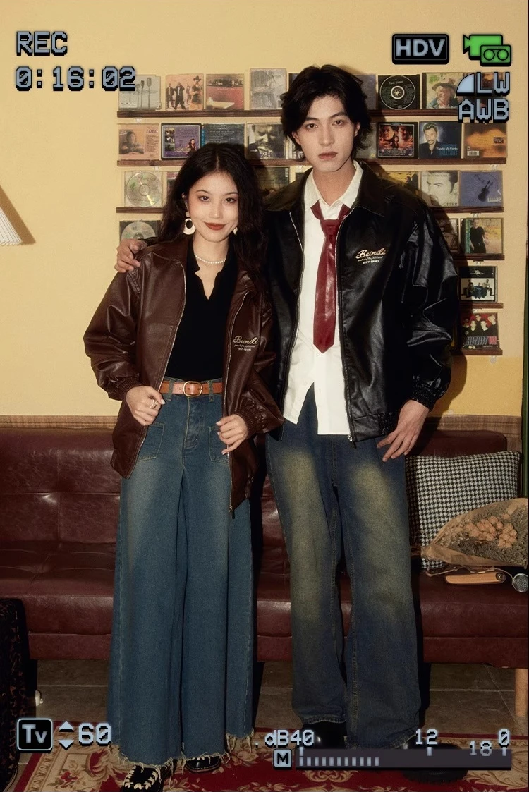 Autunno Inverno Nuovo stile retrò da donna Moto Giacca in pelle PU nera Coppia americana Outfit Giacca imbottita casual marrone