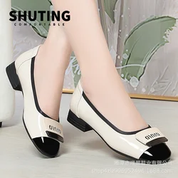 Soft Leather Spell Color Bow Women Soft Sole Low Heel Shoe 2024 New Summer Comfortable Fashion Shoes Elegant Mom Single Shoes