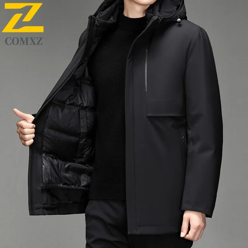 COMXZ 남성 다운 재킷 2025 레저 후드 출퇴근용 경량 패딩 재킷 프리미엄 여행용 따뜻한 두꺼운 겨울 코트