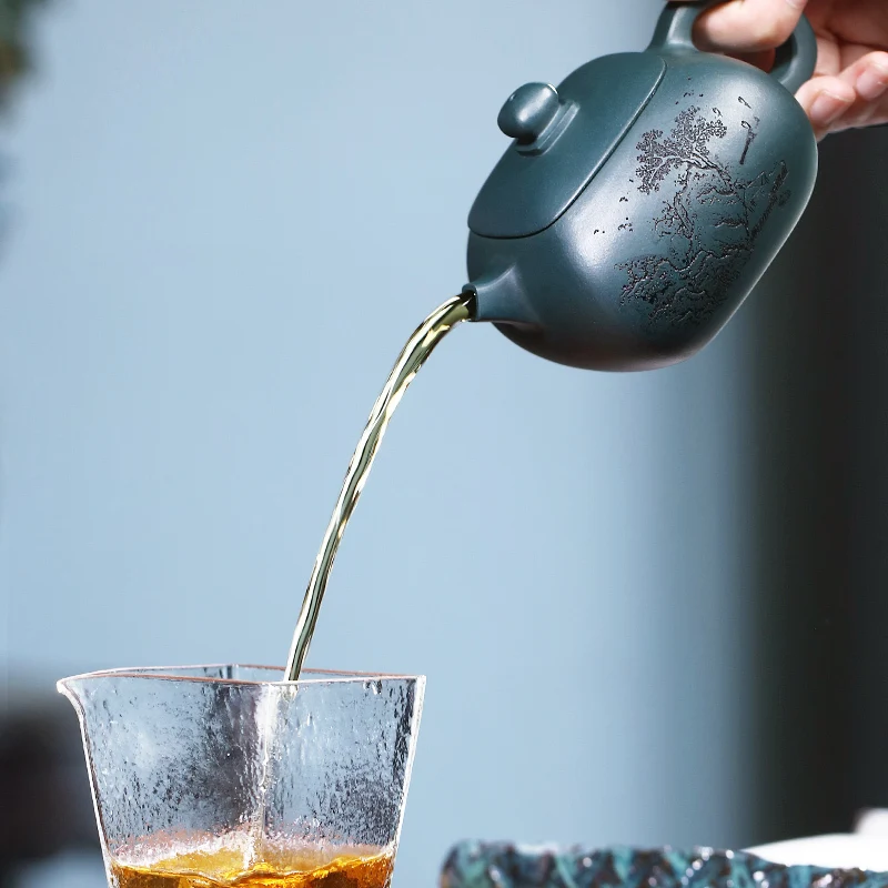 Yi Famous Purple Clay Pot Pure Handmade Tea Single Set Raw Mineral, Dark Green Mud, Fully