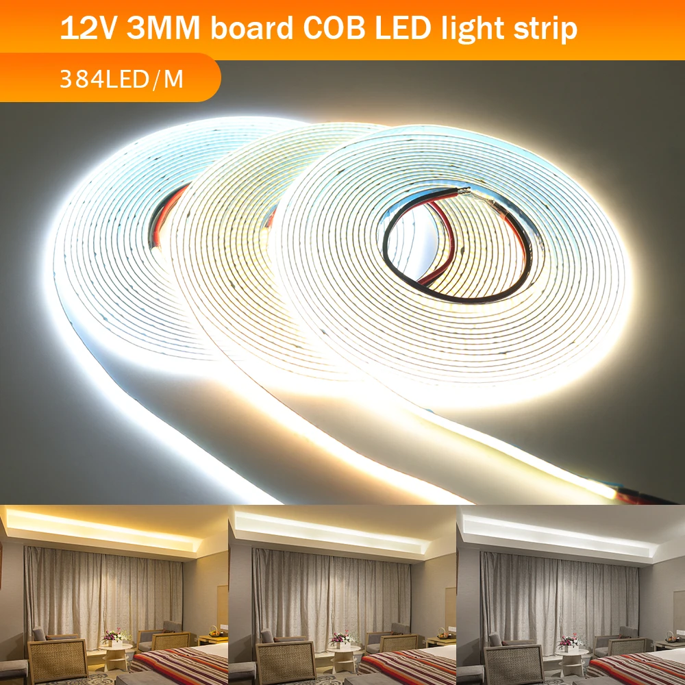 Ultra fino COB LED Strip Light, alta densidade, fita flexível, fita de diodo, barra de TV e atmosfera do carro, 384LED por m, 12V, 24V, 3mm