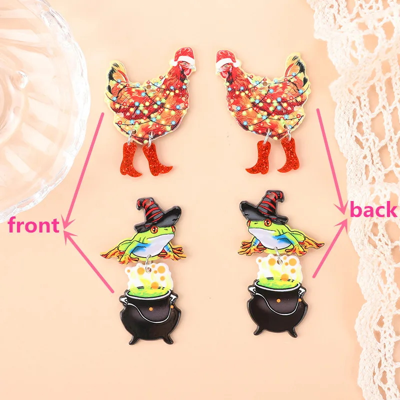 6Pcs Christmas Animal Charms  Multicolour Funny Walking Chicken Magic Frog For Necklace Pendant  Diy Making