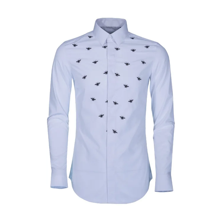 Men's Embroidered 3D Embroidered Celebrity Same Style Long Sleeve Shirt Slim Fit Trend