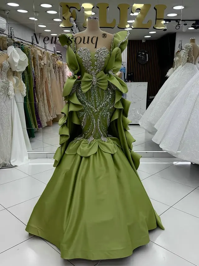 

Арабские зеленые блестящие вечерние платья русалки со съемным атласным шлейфом и кристаллами, расшитые бисером свадебные платья для выпускного вечера по индивидуальному заказу