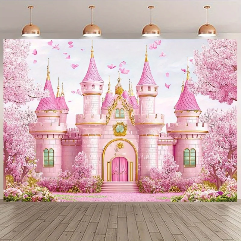 1 Stück, 2D flach, magischer rosa Prinzessinnenschloss-Fotohintergrund – mythische Kirschblüten-Partydekoration, Heimdekoration
