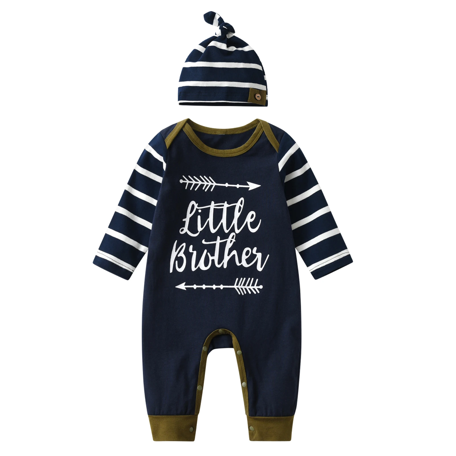 Newborn Baby Boy Romper Cotton Long Sleeve Little Brother Print Jumpsuit and Hat Infant Clothing Pajamas