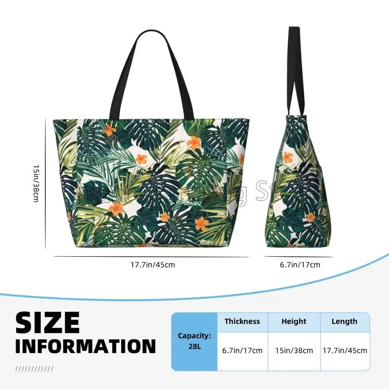 Tropical Green Leaves and Flowers Beach Bag for Women Travel Tote Bags with Pockets Large Beach Pool Bag for Swim Gym Vacation