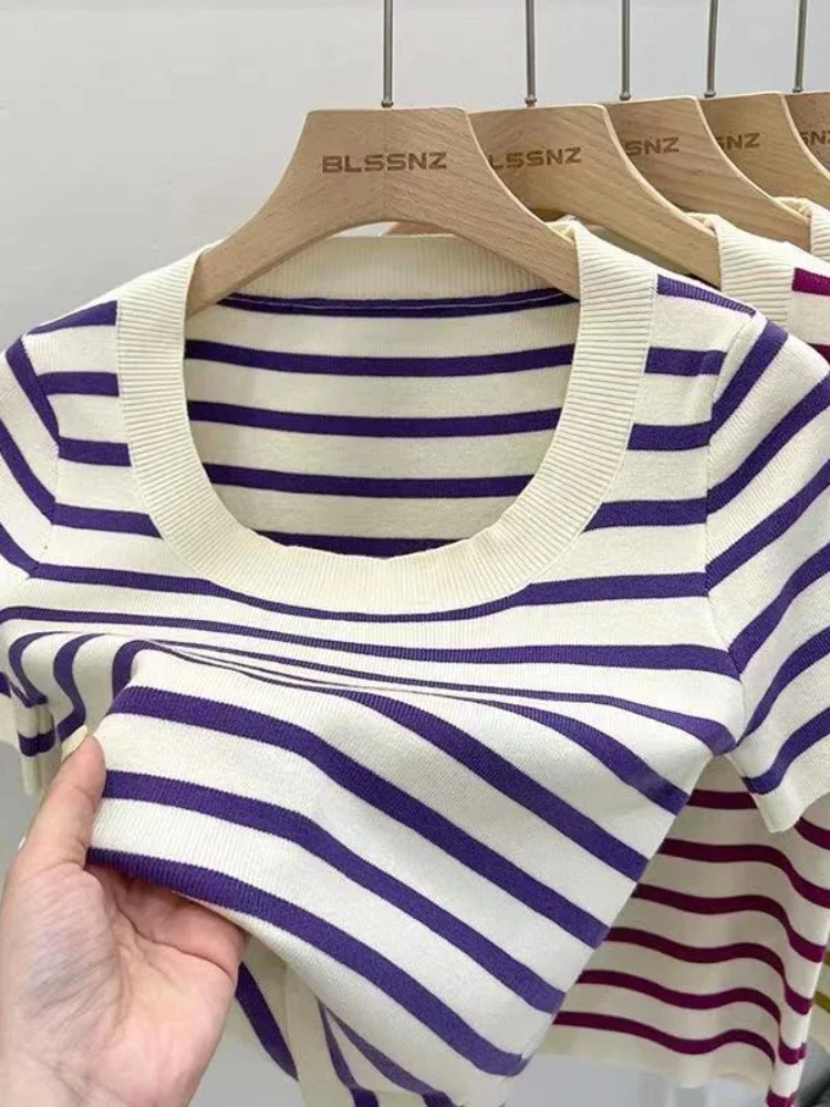 New Woman Clothing Striped Short Sleeve T-shirt Slim Fit Tops Female O-Neck Knitted Sheath Tee Shirt Street Wear Sex Sporty Y2K