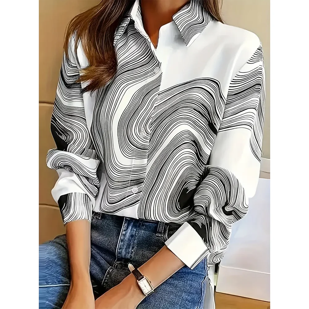 Black And White Printing Basic Shirts Fashion Casual Single Breasted Shirts Women's Long Sleeve Shirts Top Paired With Jeans