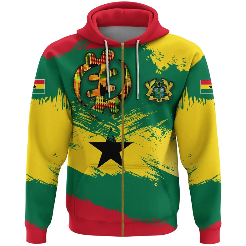 Ghana Flag Map Graphic Sweatshirts GHA National Emblem Zipper Hoodie For Men Clothes Africa Boy Hoody Casual Male Tracksuit Top