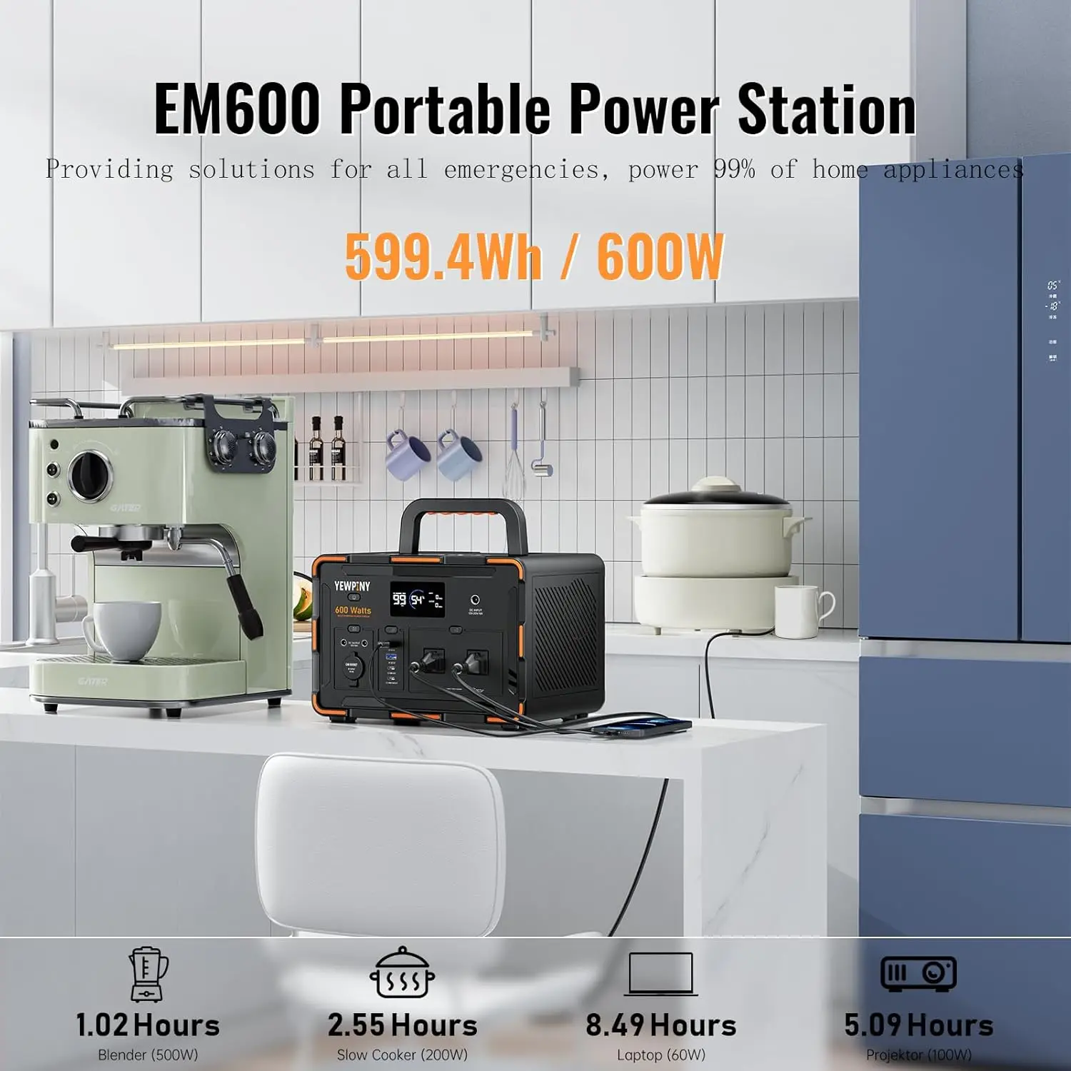 Power Station, 600W Pure Sine Wave, 599.4Wh, Solar Generator, 3000+ Charge Cycles, USB-C PD 100W, 9 Outputs, Wireless