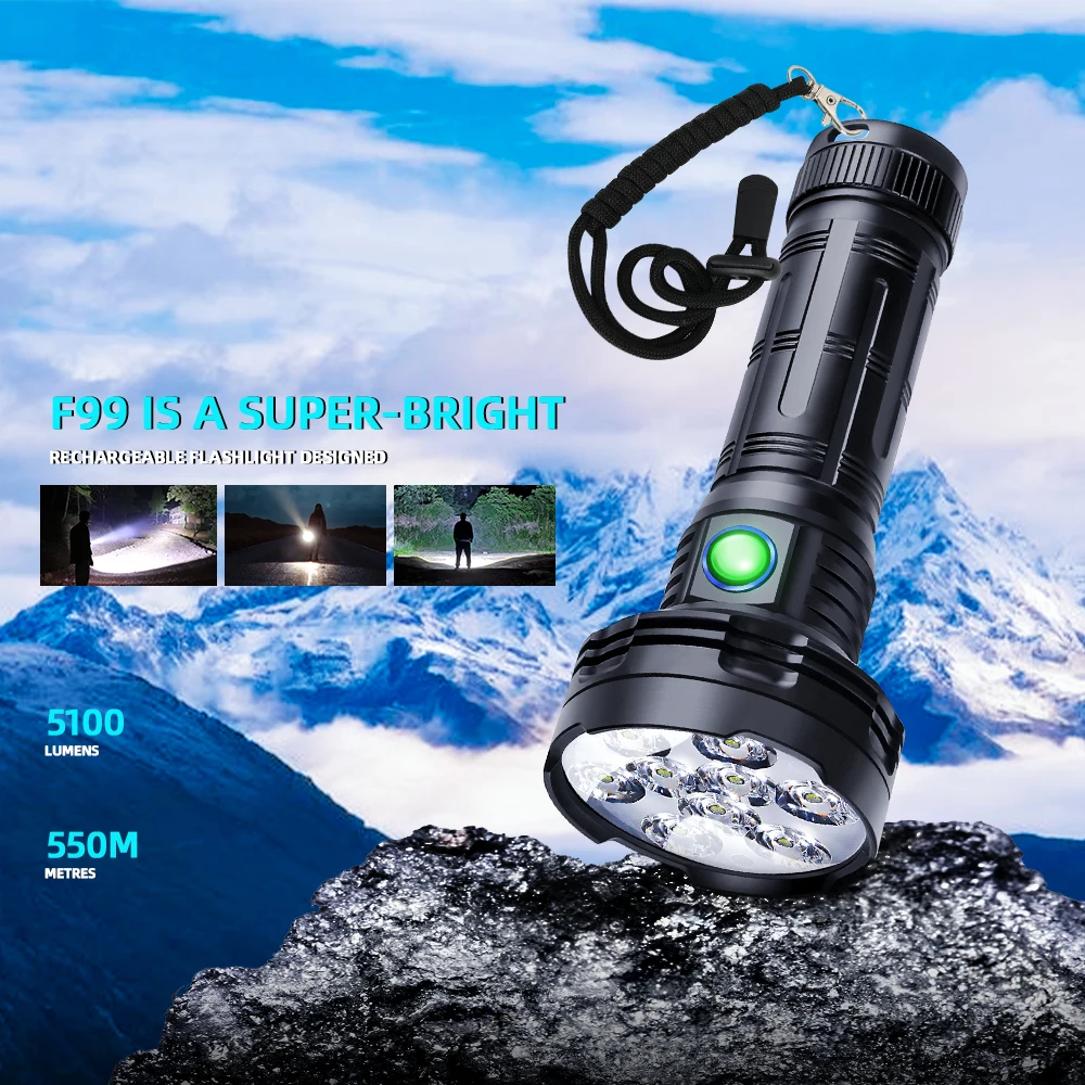 Potente linterna LED, linterna de aluminio de 100 lúmenes, carga tipo C, modo estroboscópico SOS, luz portátil de mano, rescate de búsqueda para caminar