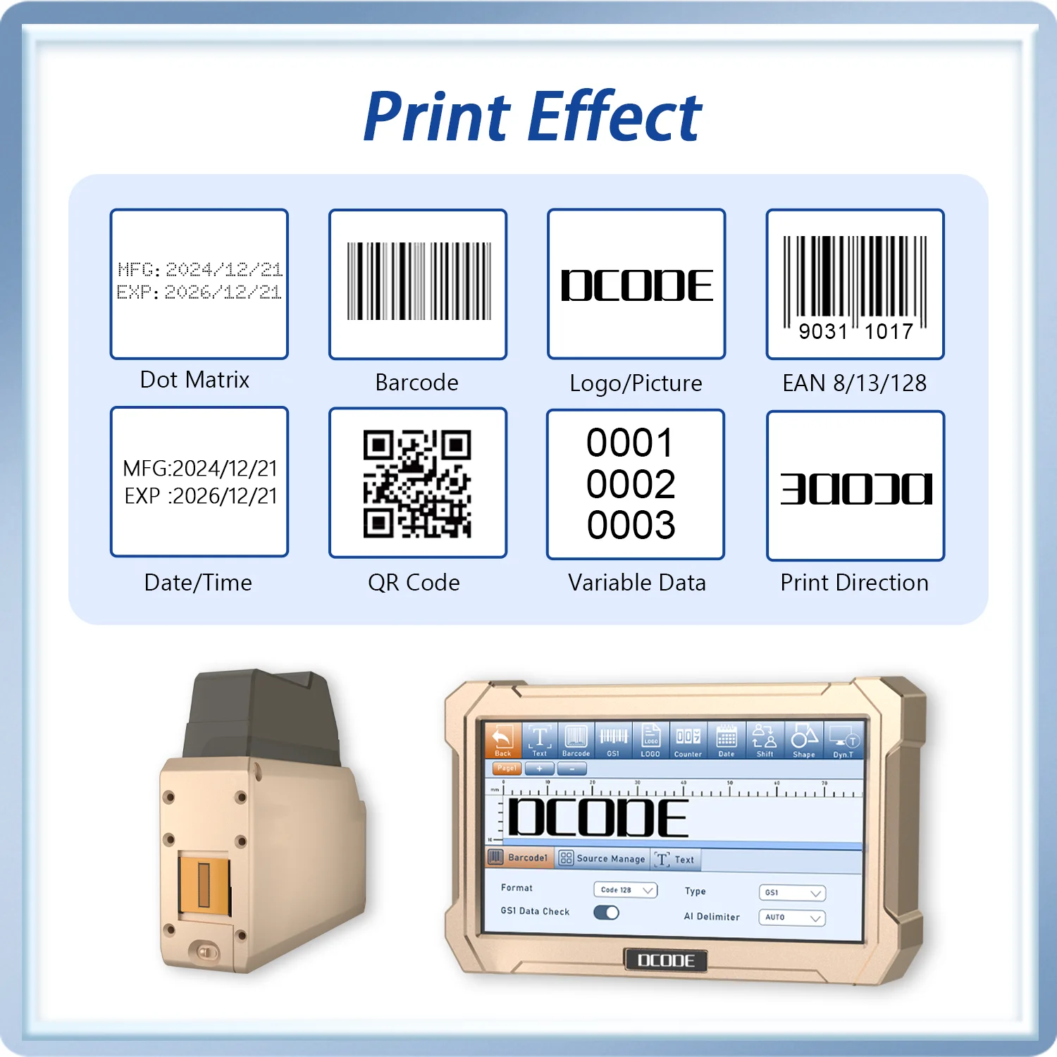 Dcode prx1000 impressora jato de tinta on-line, tela capacitiva de 6.5 polegadas, impressora jato de tinta térmica, texto, código de barras, data de validade, codificador de número de lote