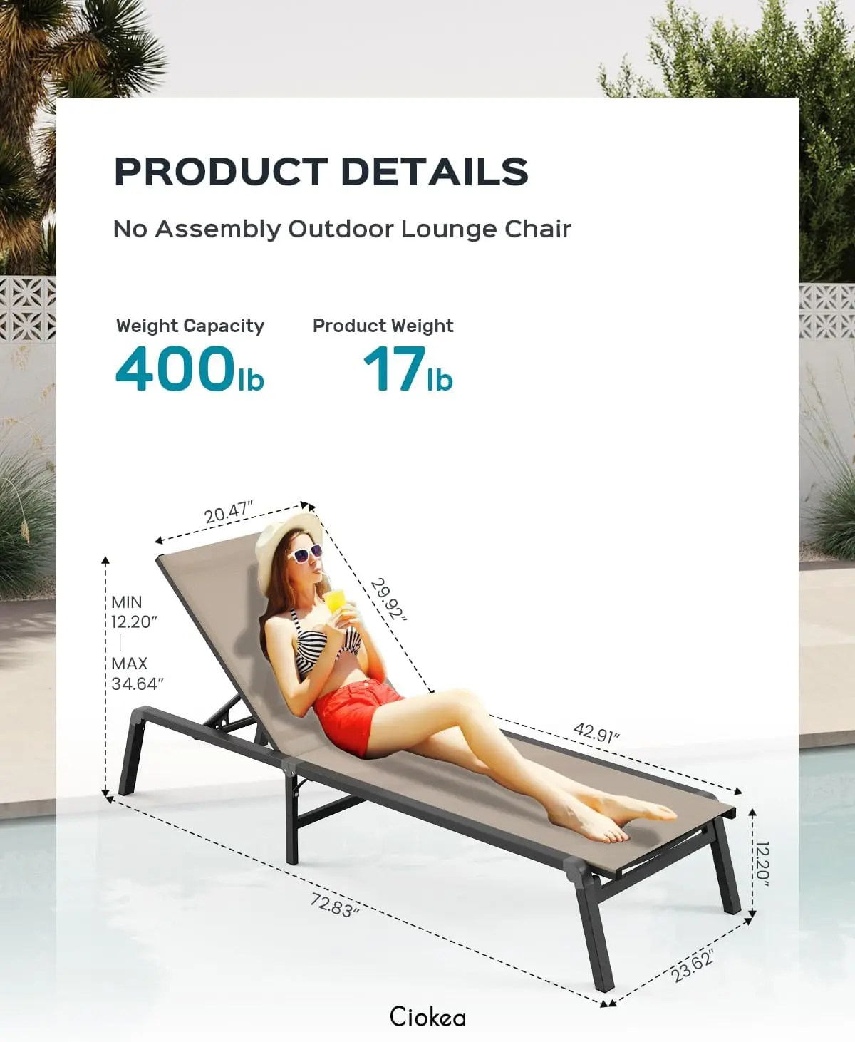 Ourdoor - Foldable & Assemble Free Outdoor Lounge Chair with 5 Adjustable Backrest, Patio Lounge Chair for Outside Poolside Beac