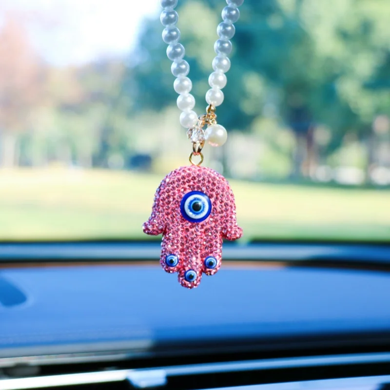 Creative Diamond Studded Devil's Eye Car Pendant Fashion Blue Eyes Palm Car Rearview Mirror Interior Decoration Pendant Gift