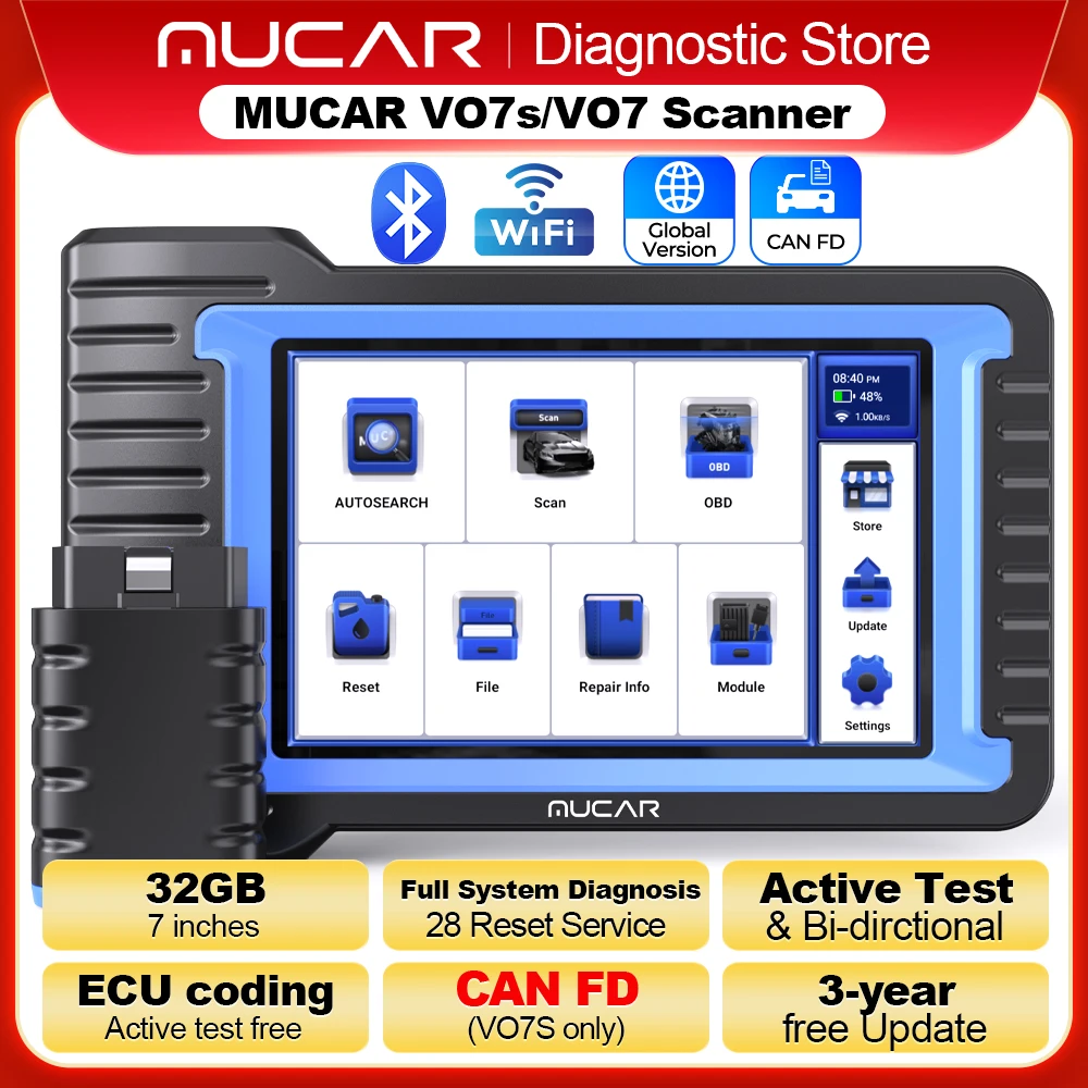 Aggiornamento gratuito a vita MUCAR VO7S/VO7 Strumento diagnostico per auto Codifica ECU bidirezionale Scanner Obd2 Diagnostica completa del sistema 28 Reset