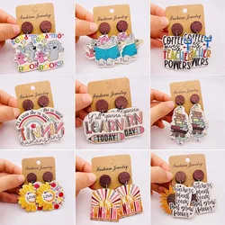 New Cute Wooden School Season Teacher Student Earrings Sunflower Letter Earrings for Women Girl Teachers' Day Gifts Wholesale