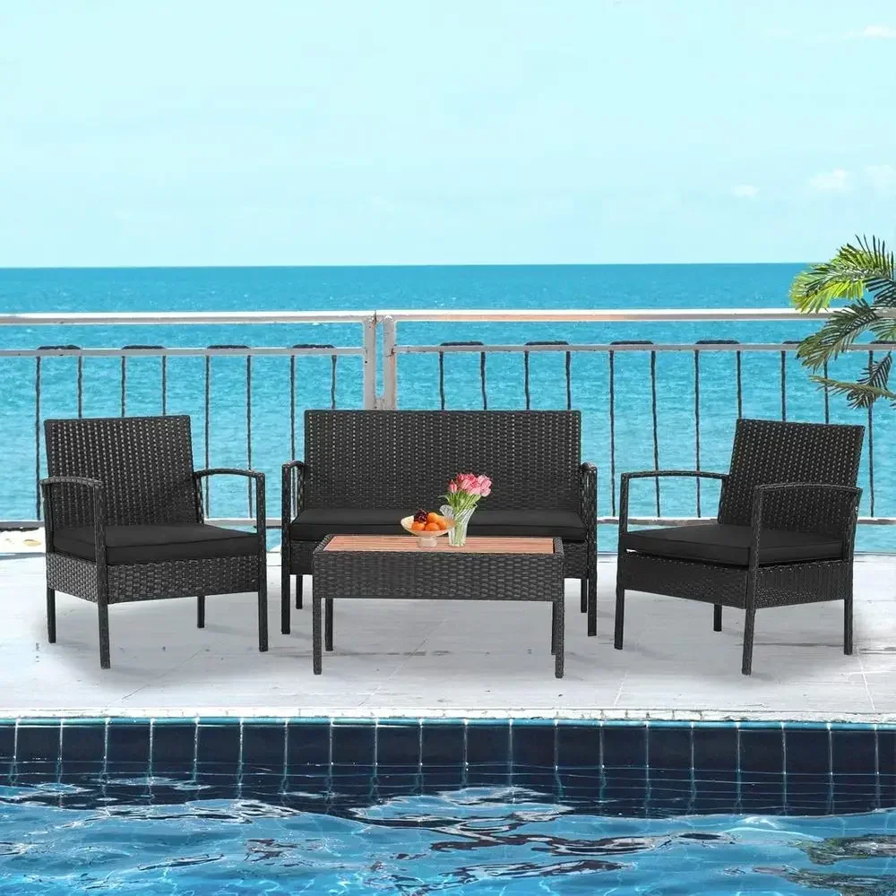 Outdoor Rattan Patio Sectional Set with Loveseat and 2 Chairs, Acacia Wood Tabletop, Ideal for Deck, Garden, or Poolside