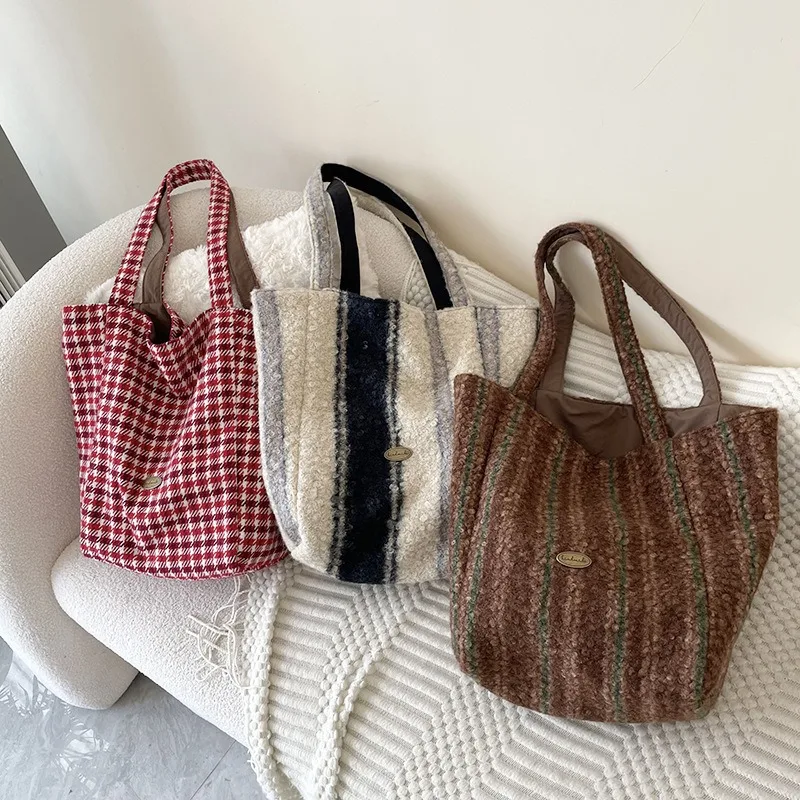 Women Vintage Woolen Tote Bag Large Capacity Striped Plaid Textured Casual Shoulder Handbag for Autumn Winter Daily Shopping