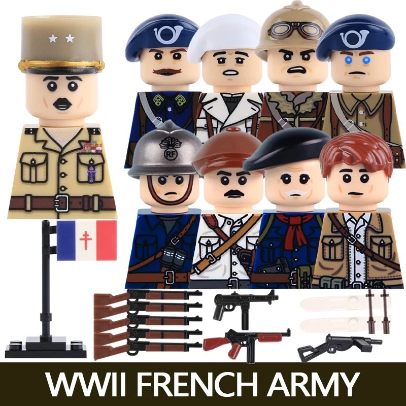 Militärische französische Soldaten- und Offiziers-Bausteine, Armee-Infanterie-Führer, historische Krieger-Zubehörteile, Helm, Gewehr, Flagge, Bausteine, Spielzeug – Detail 5