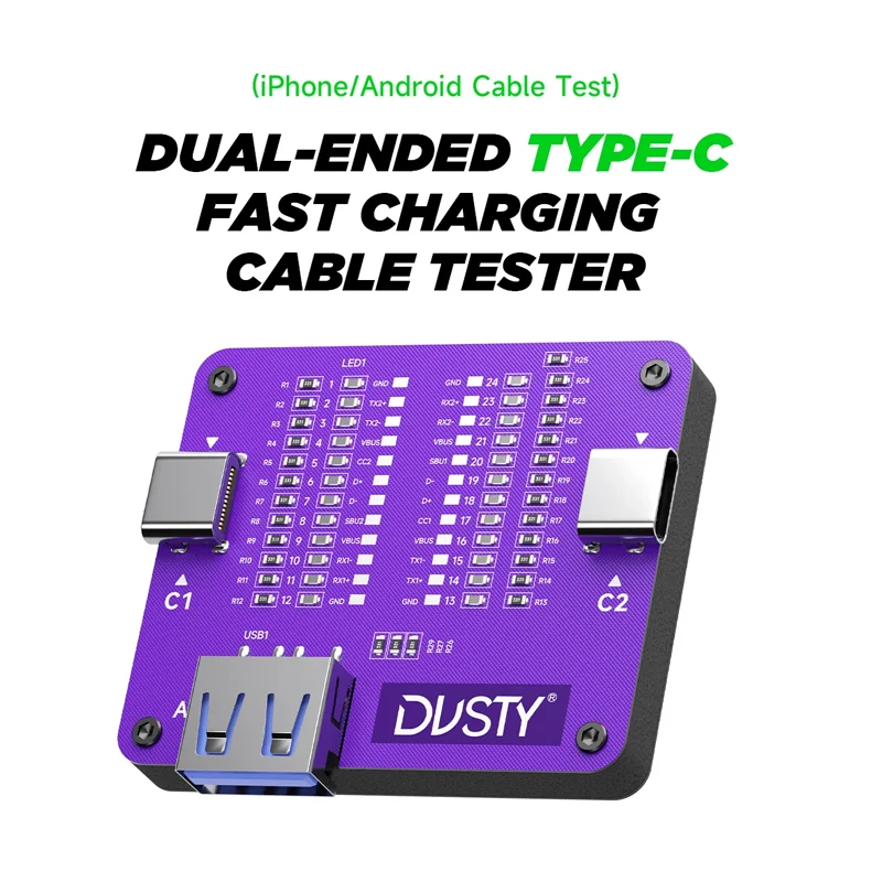 ميكانيكي TC-24 اختبار كابل بيانات ثنائي الطرف من النوع C لهواتف iPhone / Android اختبار كابل الشحن السريع 24 دبوس كاشف الدائرة