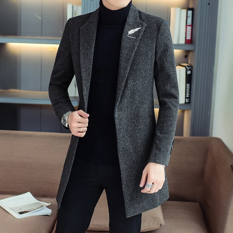Business Casual 2026 Spring Autumn Men's Solid Woolen Coats Slim Fit Mid-Length Trench Overcoat Outwear Wool Windbreaker Jackets
