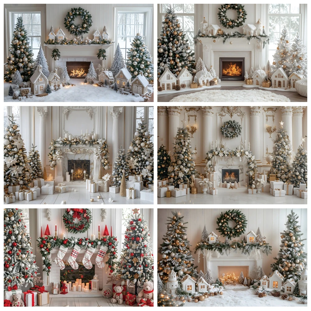 

Christmas Photography Backdrop Fireplace Xmas Tree Gift Wreath Interior Scene Baby Portrait Family Party Background Photo Studio