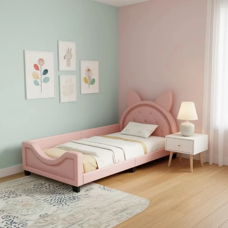 Double size wood frame spring upholstered sofa bed with cat ear headboard, pink faux leather, modern soft bed bedroom furniture