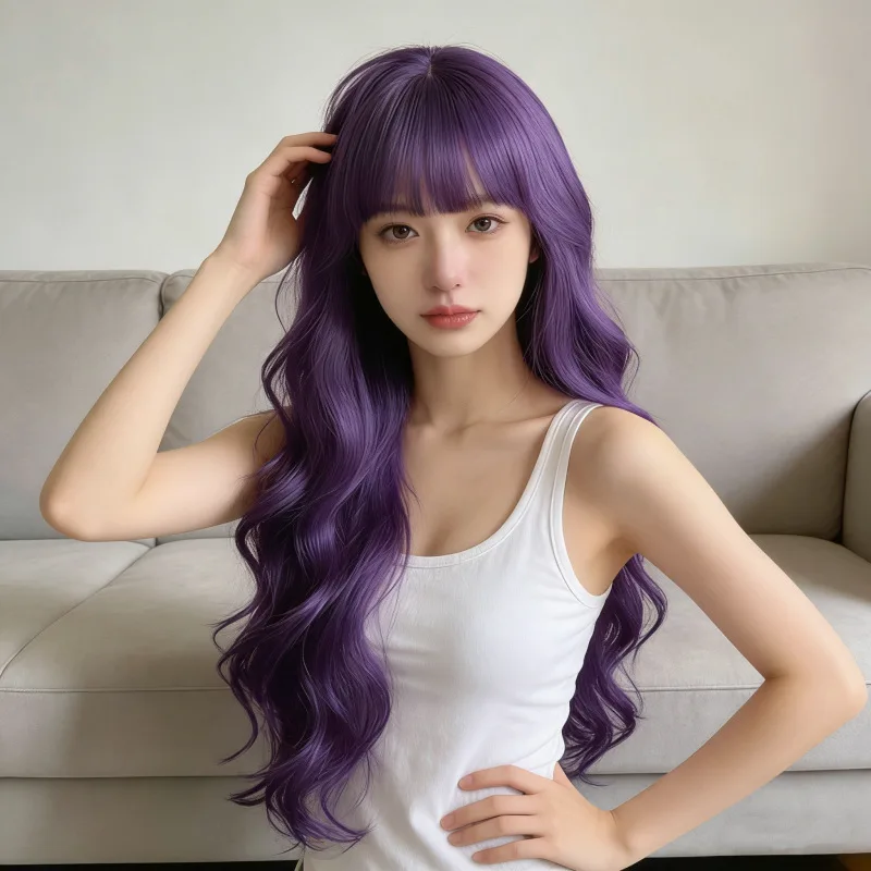 Purple Long Wavy Synthetic Wig - Daily Party Halloween Cosplay Character Costume Wig - High Temperature Silk Wig Cap
