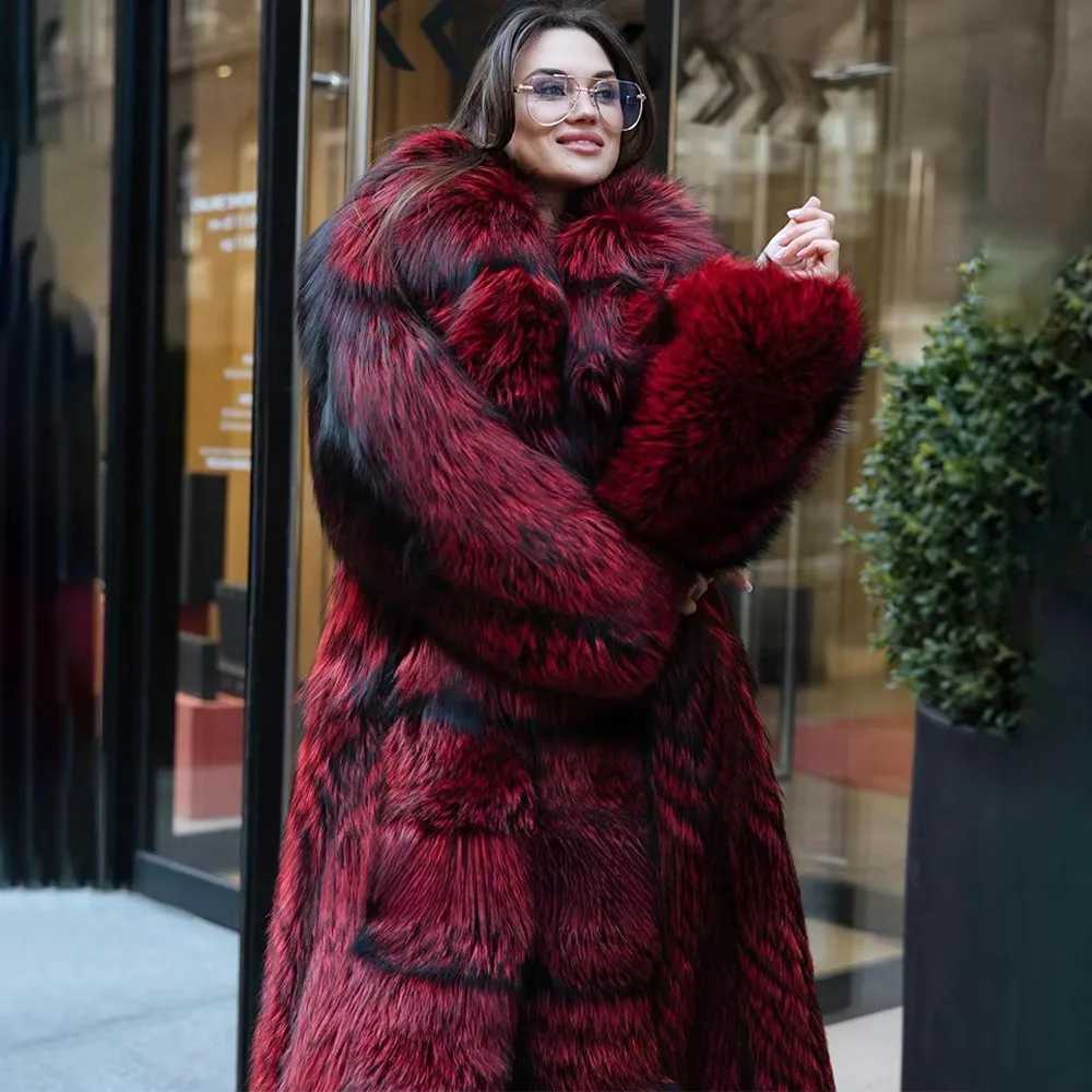 BFFUR Women’s Real Fur Coat Luxury Burgundy Black Long Fur Jacket Oversized Collar Warm Winter Fashion Outerwear