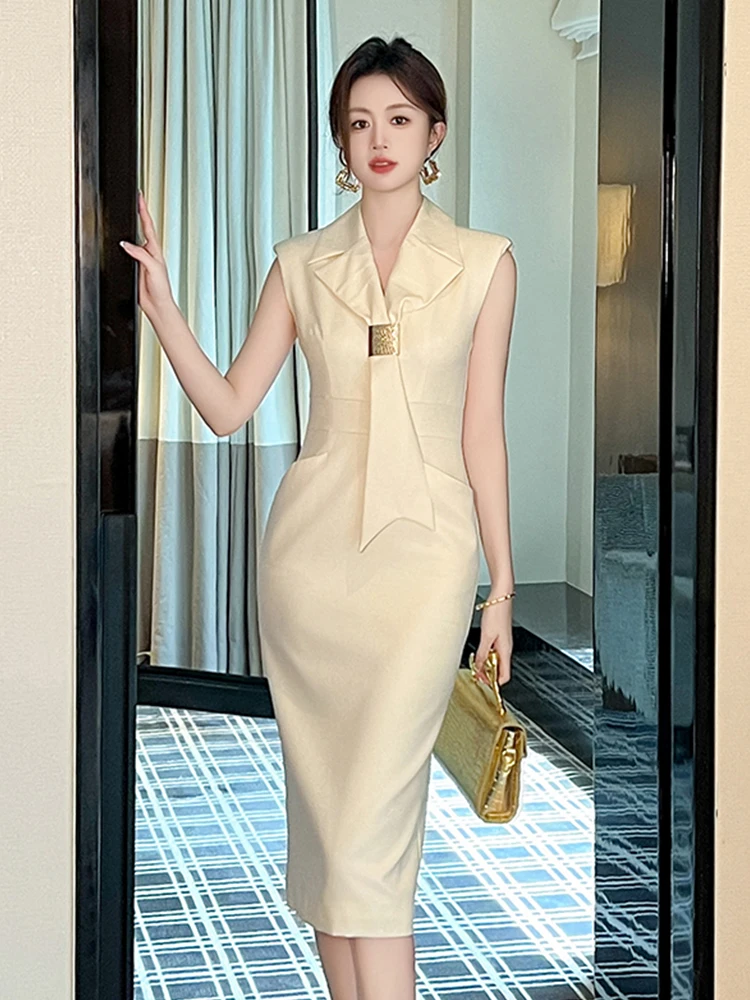 Women's Professional Style Elegant Dress Female Celebrity Tie Vest Bodycon Midi Robe Femme Business Party Banquet Vestidos Mujer