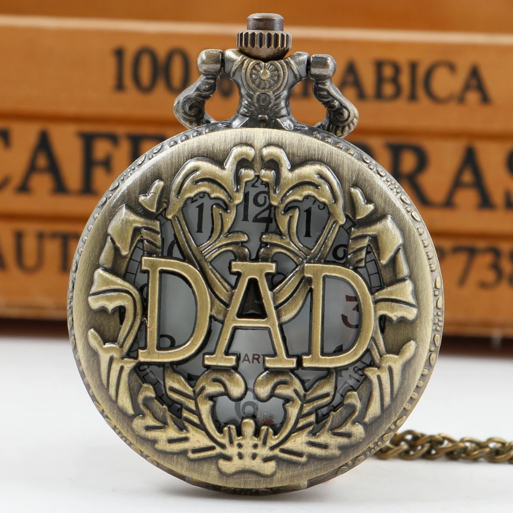 

Vintage Bronze Steam Punk Pocket Watch Men's Quartz Necklace Pocket Watch DAD Carved Birthday Gift for Dad