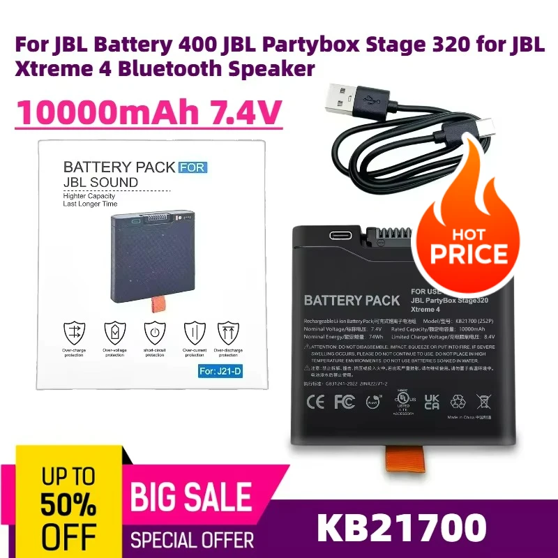 For JBL Battery 400 JBL Partybox Stage 320 for JBL Xtreme 4 Bluetooth Speaker Upgrade KB21700 10000mAh 7.4V Rechargeable Battery