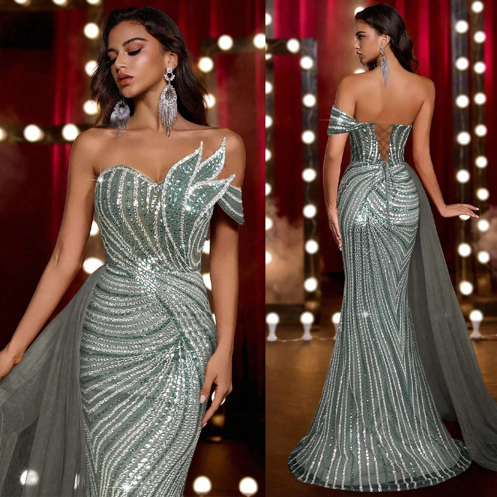 럭셔리 이브닝 드레스 머메이드 비딩 백리스 슬리브리스 프롬 가운 파티 드레스 맞춤 제작