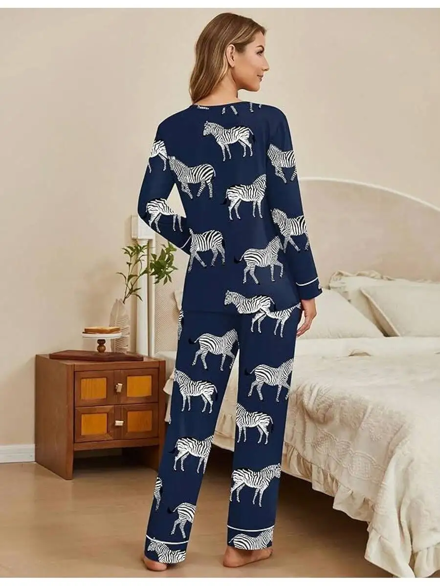

Womens 2 Piece Long Sleeve Pajama Set Zebra Print Sleepwear Loungewear With Pocket