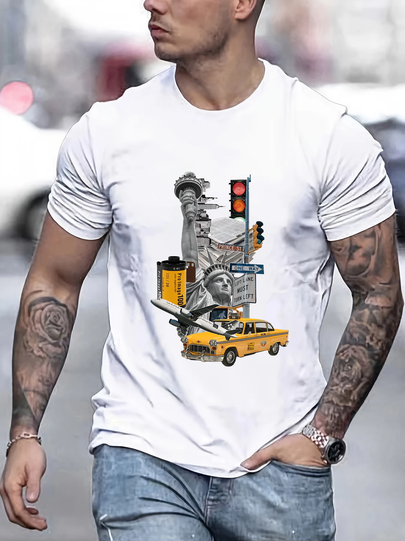 

New York Representative Things Printing Male Tee Shirts Hip Hop All-Match Tops Loose T-Shirt Cotton Crewneck Short Sleeve