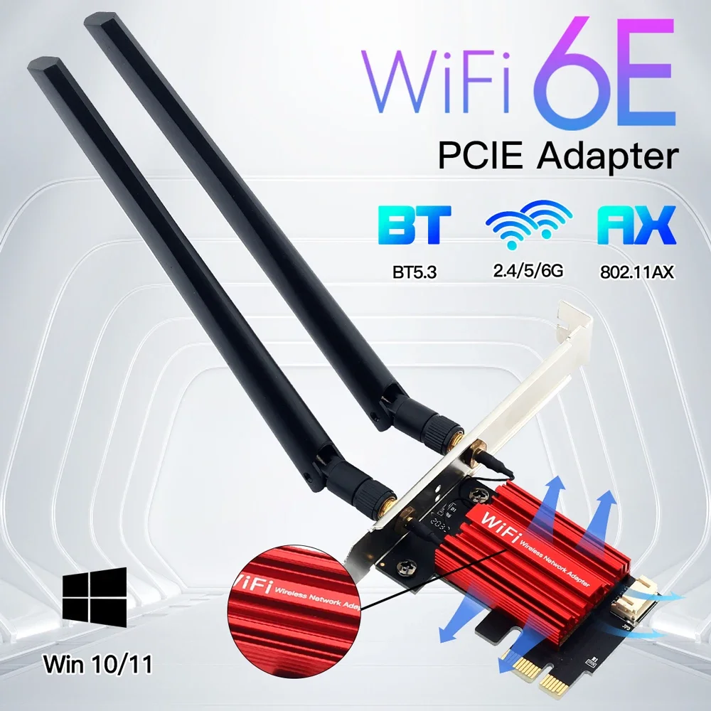 Wifi 6E AX210 PCIE Wifi Adapter 5400Mbps Wireless Ethernet Network Card BT 5.3 2.4G/5G/6GHz Dual Band 802.11AX/AC  Win 10 11