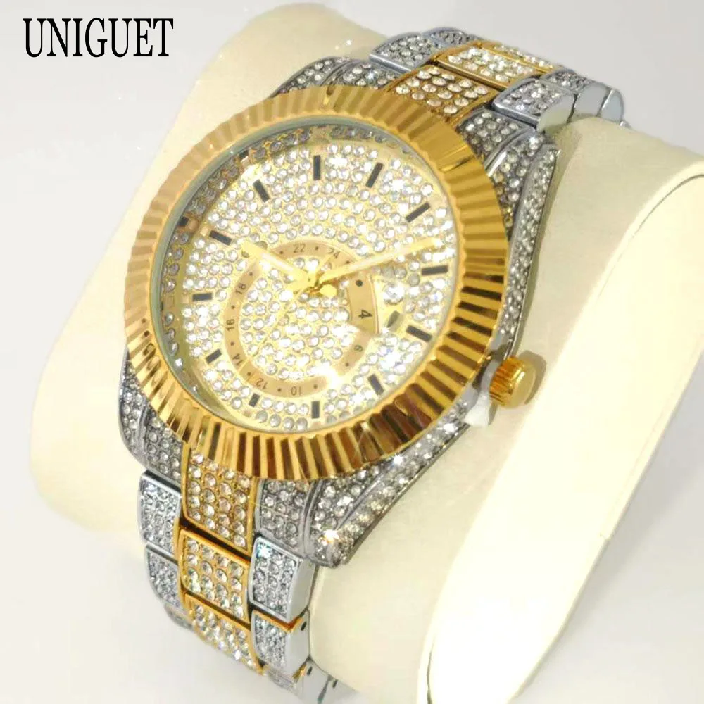 Montres de luxe en or pour hommes, marque UNIGUET Hip Hop, bijoux entièrement en diamant scintillant, mode masculine, montre-bracelet à Quartz étanche Reloj