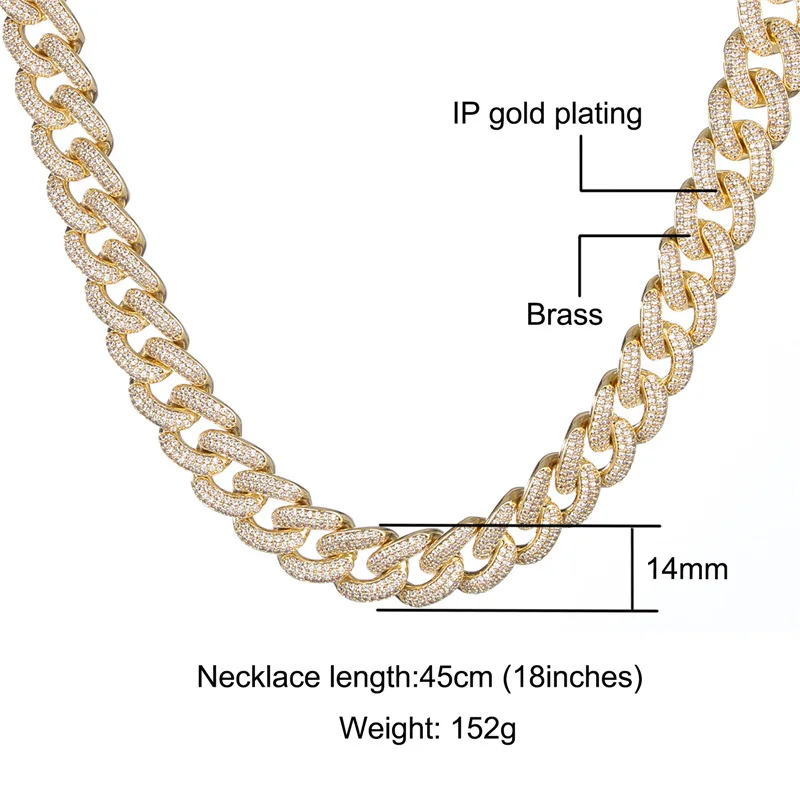 HIP Hop 3 Row CZ Stone Paved Bling Iced Out 14mm Solid Round Cuban Miami Link Chain Necklace for Men Rapper Jewelry