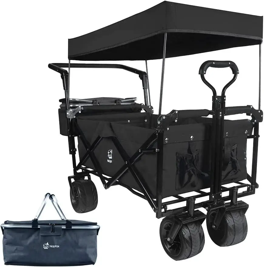

Collapsible Wagon Heavy Duty Folding Wagon Cart with Removable Canopy, 4" Wide Large All Terrain Wheels, Brake, Adjustable Handl