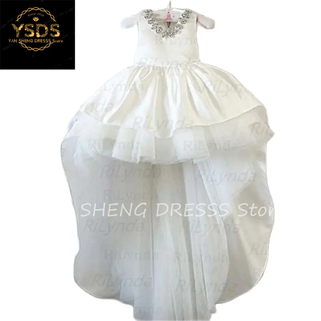 

White Lace Flower Girl Dresses V Neck Sash Tulle Pageant First Communion Dresses Prom Ball Gown Princess Baby Girl Party Dresses